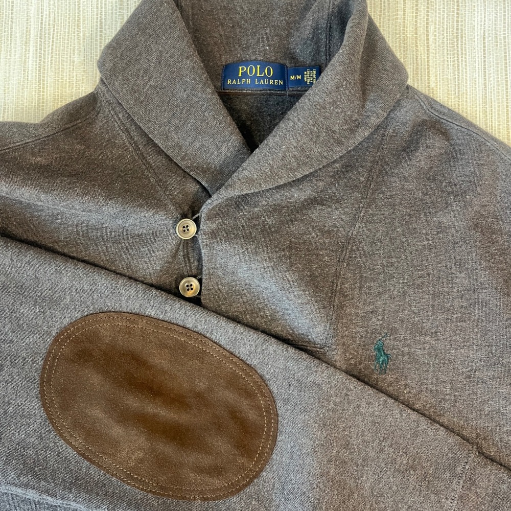 Polo Ralph Lauren Shawl Collar Pullover Mens M Brown Faux Suede Elbow Patches